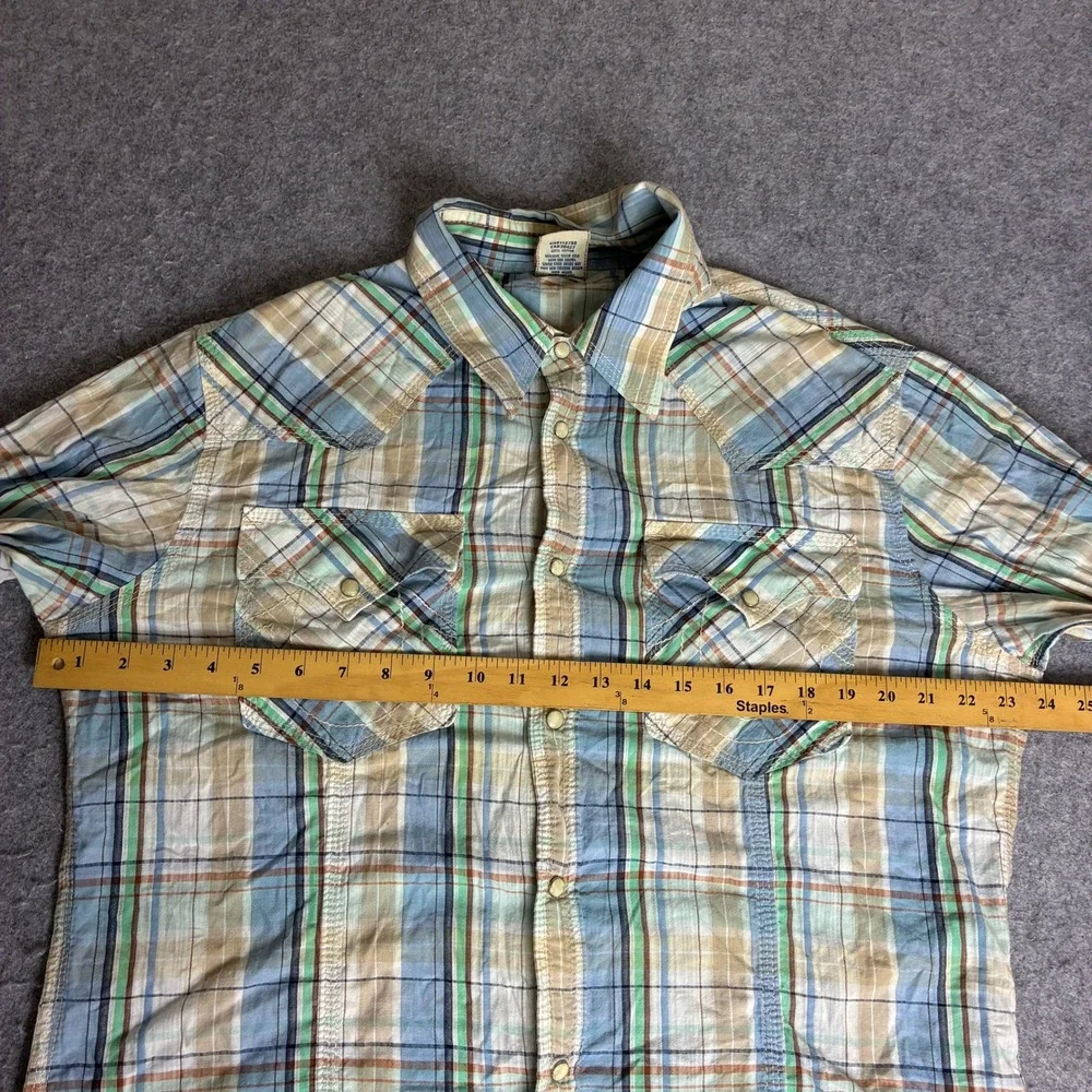 True Religion Men's Size XXL Western Plaid Snap Shirt Blue Green 100% Cotton